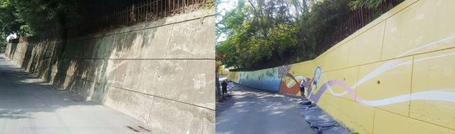 ▲ 수성구가 추진하는 도심속 거리미술관 프로젝트로 대구 명복공원 동편담장(사진 왼쪽)이 스토리텔링 그림벽화(오른쪽)로 새단장했다.ⓒ수성구청