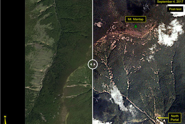 ▲ 북한 6차 핵실험 이전의 만탑산(왼쪽)과 이후(오른쪽) 같은 지역을를 찍은 위성 사진. ⓒ美38노스 2017년 9월 관련보도 화면캡쳐.