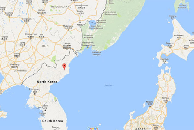 ▲ 북한 핵실험장의 위치. 함경북도 길주군 풍계리 만탑산 일대에 있다. ⓒ구글 지도 캡쳐.