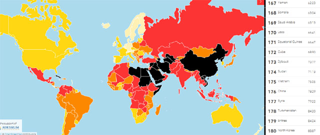 ▲ 국경없는 기자회가 공개한 '2018 세계언론자유지수' 평가 지도. 짙은 색일수록 언론의 자유가 낮은 곳이다. ⓒ국경없는 기자회 보고서 캡쳐.