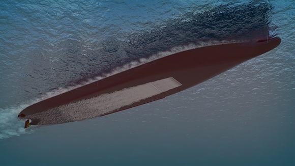 ▲ 삼성중공업이 개발한 공기윤활시스템이 적용된 선박 하단부. ⓒ삼성중공업