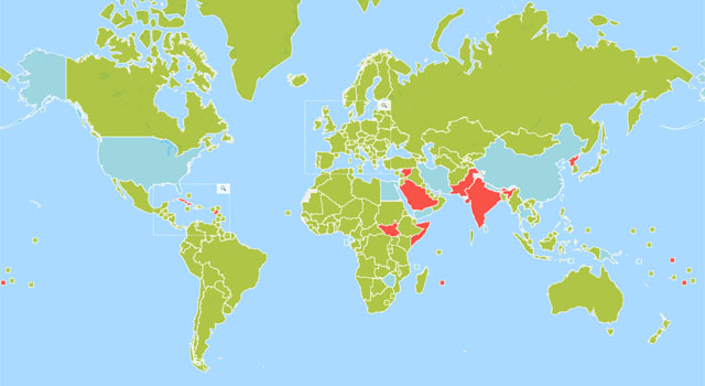 ▲ 포괄적 핵실험 금지조약 지도. 붉은 색이 미가입국이다. ⓒCTBTO 홈페이지 캡쳐.