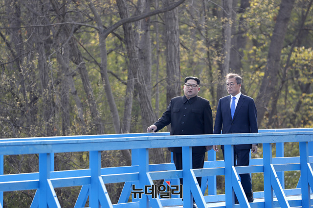 ▲ ▲ 남북정상회담 당시 도보다리를 걷는 김정은과 문재인 대통령. ⓒ한국공동사진기자단