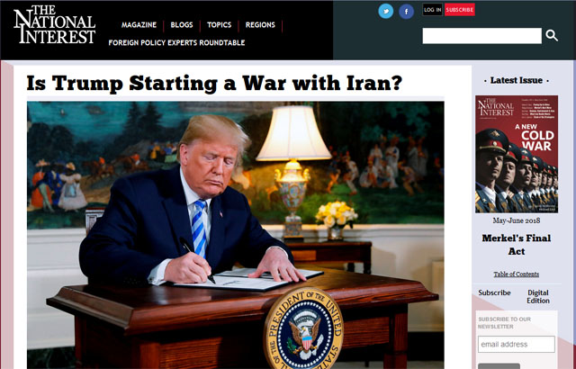 ▲ 지난 8일(현지시간) 美씽크탱크 '내셔널 인터레스트'가 게재한 이란핵협정 탈퇴 시 전쟁 가능성 분석기사. ⓒ美내셔널 인터레스트 관련기사 캡쳐.