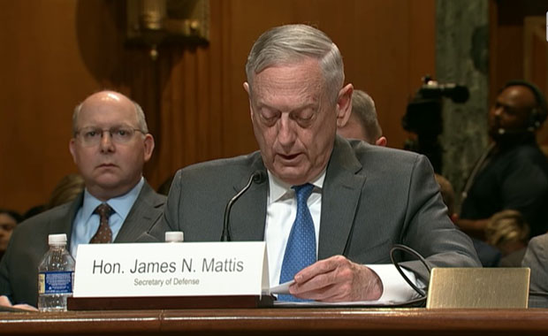 ▲ 미국 상원 세출위 국방소위원회 청문회에 출석한 매티스 美국방장관. ⓒ美국방부 뉴스영상 캡쳐.