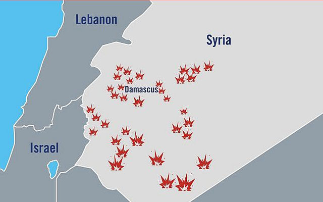 ▲ 이스라엘 방위군(IDF)이 공개한 시리아 내 공습 목표 위치. 실제로는 50여 곳을 공격했다고 한다. ⓒ타임 오브 이스라엘 관련보도 화면캡쳐-IDF 제공.