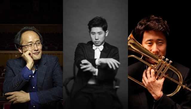 ▲ (왼쪽부터)지휘자 최희준, 피아니스트 이진상, 트럼페터 성재창.ⓒ롯데콘서트홀