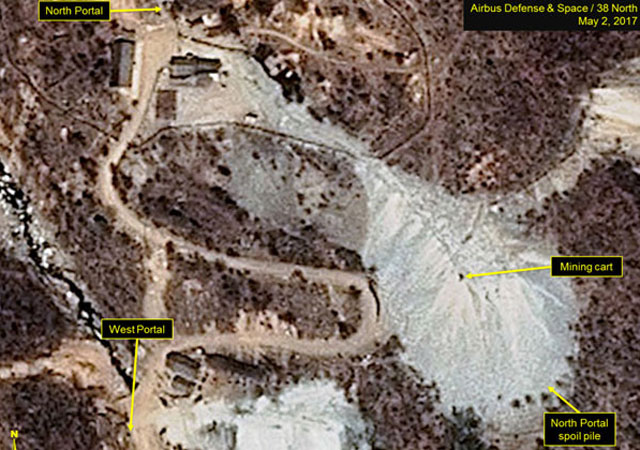 ▲ 6차 핵실험 이전인 2018년 5월에 촬영한 풍계리 핵실험장 일대 위성사진. ⓒ美USKI 산하 38노스 관련사진 캡쳐.