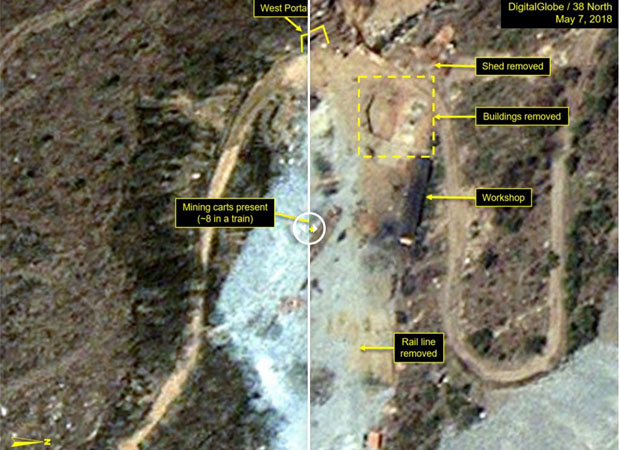 ▲ 북한이 지난 3월까지 굴착 작업을 했던 풍계리 핵실험장 서쪽 갱도 주변의 변화 모습. ⓒ美38노스 관련보도 화면캡쳐-美디지털 글로브.