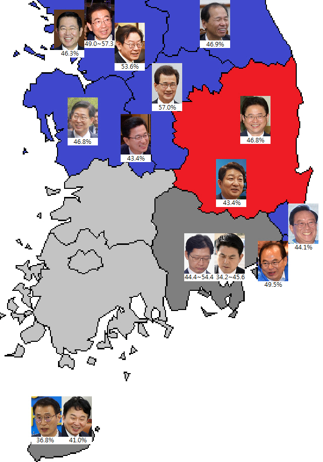 ▲ 24~25일 후보자등록을 앞두고 중앙선거여론조사심의위원회에 등록·공개된 13개 광역단체 여론조사를 종합한 결과, 자유한국당 후보가 오차범위 밖에서 선두를 달리고 있는 권역이 대구·경북 뿐인 것으로 나타났다. ⓒ그래픽=뉴데일리 정도원 기자, 후보자 이미지는 뉴시스 사진DB