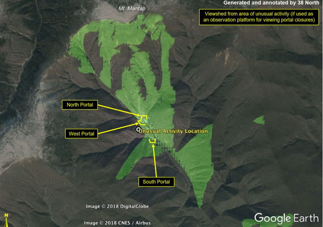 ▲ 북한이 풍계리 핵실험장 서쪽 갱도 윗부분에 만든 전망대의 시야와 사각. 녹색 부분만 시야에 들어온다고 한다. ⓒ美38노스 관련보고 화면캡쳐.