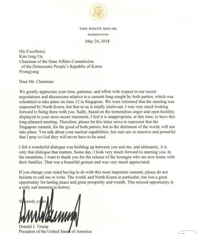 ▲ 美백악관이 공개한, 트럼프 대통령이 김정은에게 보낸 서한. ⓒ美백악관 홈페이지 화면캡쳐.