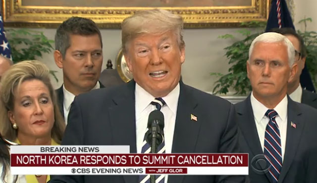 ▲ 도널드 트럼프 美대통령이 지난 24일(현지시간) 백악관에서 美北정상회담 취소에 대해 기자회견을 하고 있다. ⓒ美CBS 관련보도 화면캡쳐.