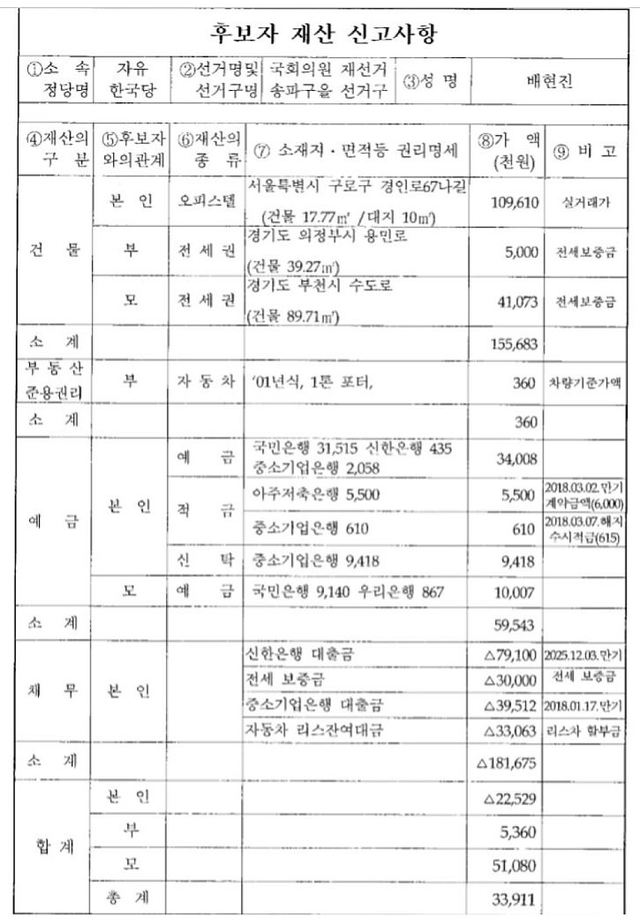 ▲ 배현진 한국당 후보 재산공개내역 ⓒ 선관위 자료 캡쳐