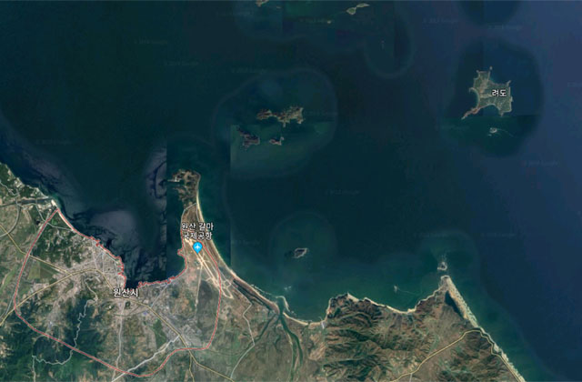 ▲ 북한이 2차 남북정상회담과 美北판문점 협의 당시 군사훈련을 했다고 알려진 원산 앞바다와 인근 섬 '여도'의 위치. ⓒ구글 어스 화면캡쳐.