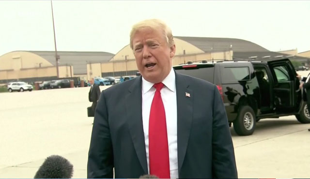 ▲ 폼페오 美국무장관과 김영철 北통일전선부장의 회담 뒤 텍사스로 출발하기 전 기자들과 만난 트럼프 美대통령. ⓒ英로이터TV 관련보도 화면캡쳐.