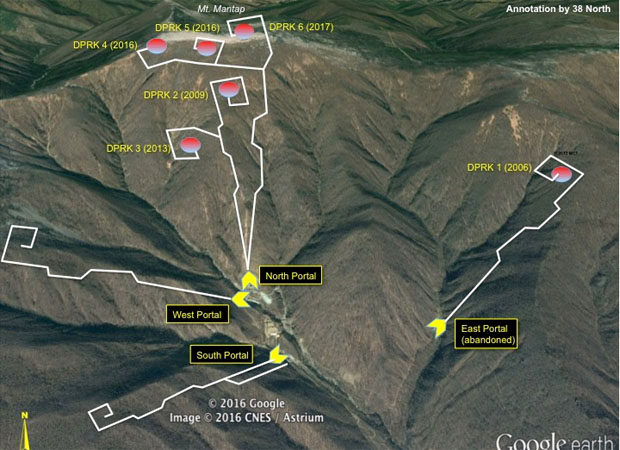▲ 풍계리 핵실험장 갱도 폭파 당시 북한이 공개한 지도를 바탕으로 美38노스가 만든 갱도 위치도. ⓒ美38노스-구글 어스.