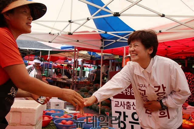 ▲ 1일 강은희 대구교육감 후보가 반야월종합시장을 방문해 상인들과 일일이 인사하며 악수하고 있다.ⓒ뉴데일리