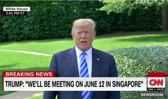 ▲ 트럼프 美대통령이 백악관에서 김영철 北통일전선부장을 만나고 6월 12일 싱가포르 美北정상회담 개최를 확정하자 美주류 언론들이 비판하고 나섰다. ⓒ美CNN의 트럼프 비판보도 화면캡쳐.