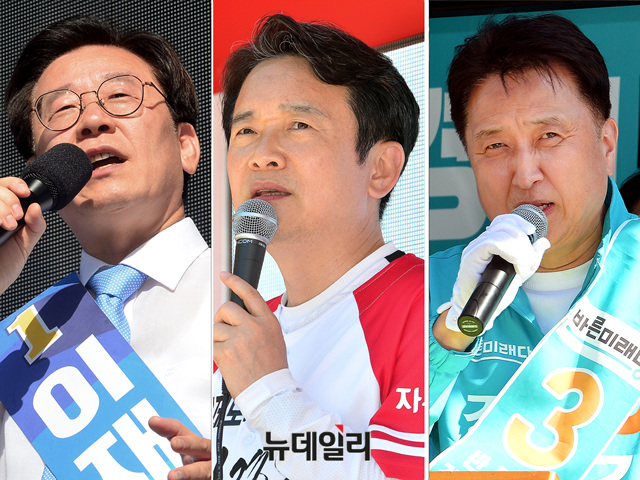▲ 지난 2일 경기도지사 선거에 나선 이재명 더불어민주당, 남경필 자유한국당, 김영환 바른미래당 후보가 첫 공식 선거운동을 펴고 있다. ⓒ뉴데일리 공준표 기자