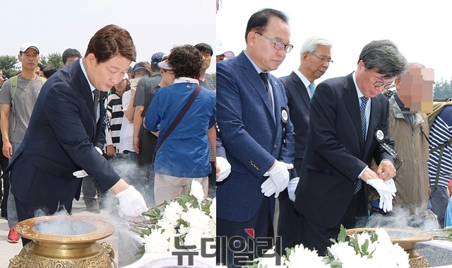 ▲ 6일 현충일을 맞아 추도식에서 헌화와 분향 중인 대구시장 후보들.(사진왼쪽부터 권영진, 임대윤, 김형기 후보)ⓒ뉴데일리