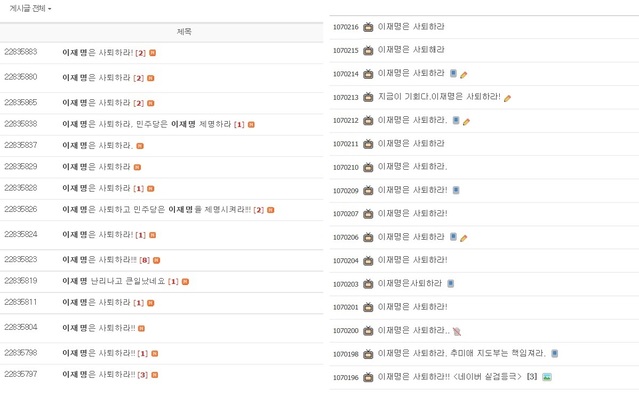 ▲ '이재명은 사퇴하라'는 게시글이 쏟아진 현황. 왼쪽은 레몬테라스, 오른쪽은 오늘의유머 사이트. ⓒ인터넷 커뮤니티 캡쳐.