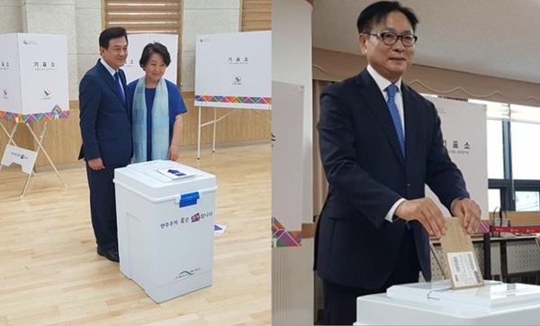 ▲ 사진 왼쪽부터 8일 김병우 교육감 후보와 부인 김영애씨가 청주시 청원구 율량사천동주민센터에서 사전투표를 마친 뒤 기념촬영을 하고 있다. 심의보 후보도 청주시 청원구 내덕1동주민센터에서 투표 용지를 투표함에 넣고 있다.  ⓒ각 후보 선거사무소