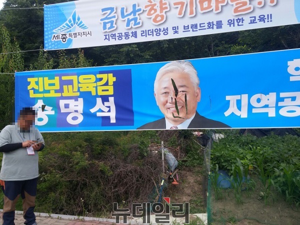 ▲ 지난 9일 세종시 금남면 용포리 버스정류장 인근에 송명석 세종시교육감 후보의 선거 홍보물이 찢어진 채 발견돼 경찰이 수사에 나섰다.ⓒ김정원기자