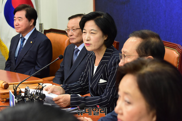 ▲ 추미애 더불어민주당 대표가 14일 오전 국회에서 열린 최고위원회의에서 6.13 지방선거 승리 관련 발언을 하고 있다. ⓒ뉴데일리 이종현 기자