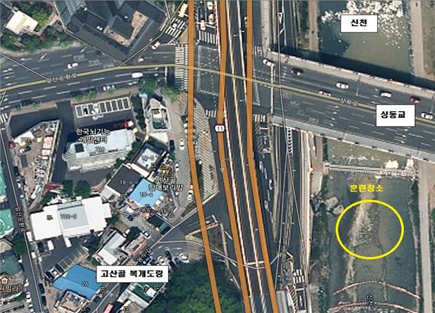 ▲ 훈련이 실시되는 남구 신천 상동교 아래 위치도.ⓒ대구시
