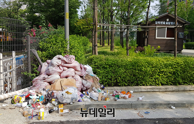 ▲ 지난 4월 1일부터 서울시는 단속을 시행하고 있다. 하지만 쓰레기는 매일 저녁과 밤, 더미로 쌓이고 있다.ⓒ뉴데일리 김태영 기자