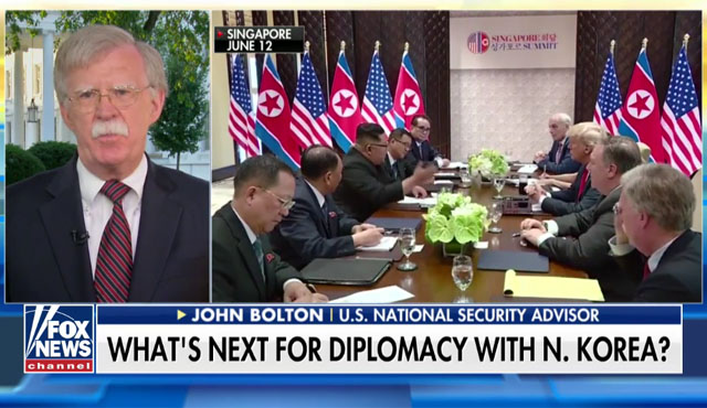 ▲ 지난 20일 오전(현지시간) 美폭스뉴스의 '폭스와 친구들'에 출연해 유엔 인권이사회 탈퇴와 대북 정책의 다음 단계에 대해 설명하는 존 볼턴 美NSC 보좌관. ⓒ美폭스뉴스 관련방송 화면캡쳐.