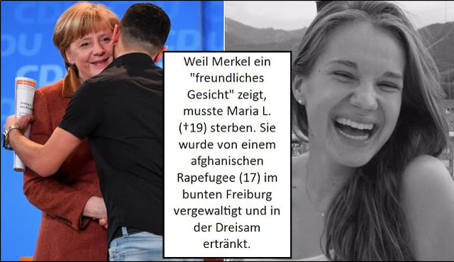 난민을 단상으로 불러 포옹하는 앙겔라 메르켈 독일 총리와 2016년 10월 난민 캠프에서 의료봉사활동을 하다 10대 아프가니스탄 난민 소년에게 강간살해당한 19세 독일 여대생 사진. ⓒ독일 디버시티 마흐 프라이 블로그 캡쳐