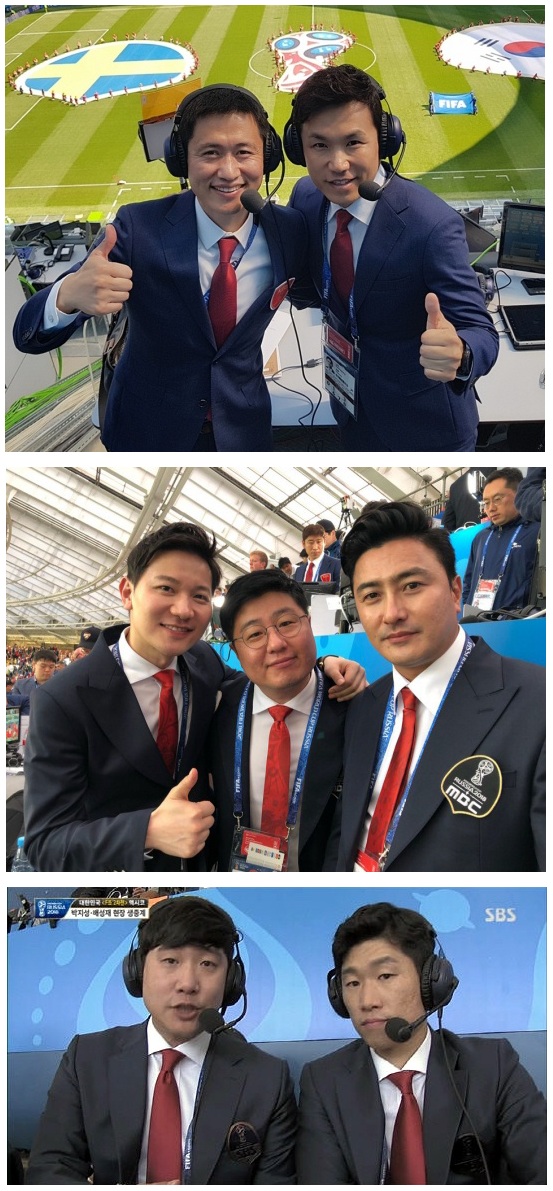 ▲ 2018 러시아월드컵 중계를 맡은 지상파 중계·해설진. 위에서부터 이영표 해설위원·이광용 캐스터(KBS), 김정근 캐스터·서형욱 해설위원·안정환 해설위원(MBC), 배성재 캐스터·박지성 해설위원(SBS).