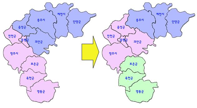 ▲ 충북도내 미세먼지 경보권역 세분화 내역.ⓒ충북도보건환경연구원