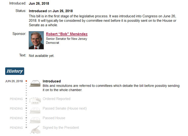 ▲ 美상원 메넨데즈 의원과 가드너 의원이 공동발의한 '대북정책 감독법'의 진행 상황. ⓒ美거브트랙 홈페이지 화면캡쳐.