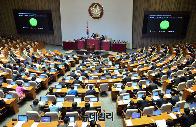 ▲ '드루킹의 인터넷상 불법 댓글조작 사건과 관련된 진상 규명을 위한 특별검사의 임명 등에 관한 법률안'(드루킹 특검법)이 21일 오전 국회에서 열린 본회의를 통과되고 있다. ⓒ뉴데일리 이종현 기자