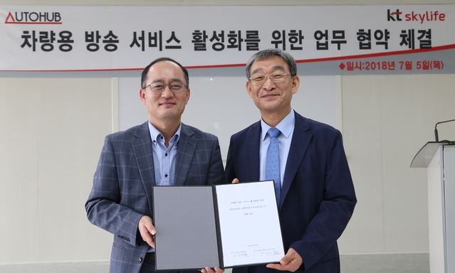 ▲ (좌측부터) 강국현 KT스카이라이프 대표이사, 이원희 오토허브 지주회사 신동해홀딩스 대표이사ⓒKT스카이라이프