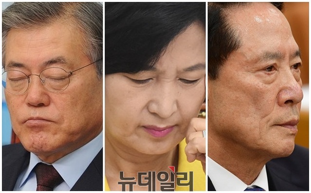 ▲ 문재인 대통령과 추미애 민주당 대표, 송영무 국방부 장관. ⓒ뉴데일리 DB