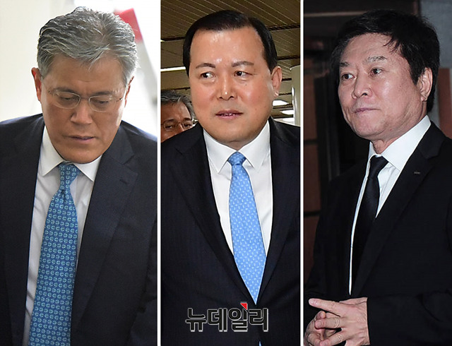 ▲ 강현구 롯데홈쇼핑 고문(왼쪽부터)과 황각규 롯데지주 부회장, 소진세 사장이 11일 서울고등법원에서 열린 ‘롯데 경영비리’ 항소심 8차 공판에 출석하고 있다. ⓒ정상윤 기자