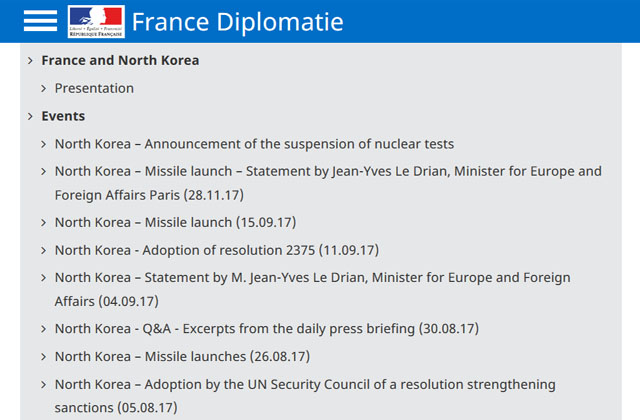 ▲ 프랑스 외무부가 소개한 북한과의 관계. 현재는 상호 대표부 설치 정도에 머물러 있다. ⓒ프랑스 외무부 홈페이지 캡쳐.