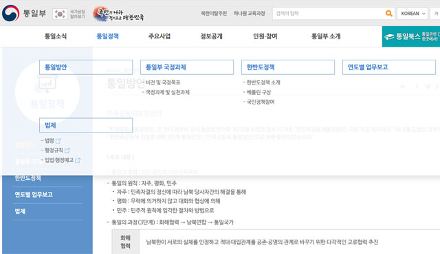 ▲ 통일부 정책 메뉴를 누르면나타나는 다양한 섹션들. ⓒ통일부 홈페이지.