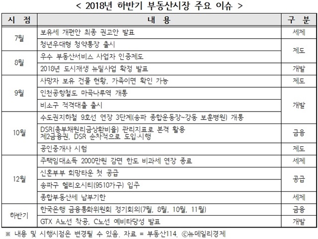 ▲ 2018년도 하반기 부동산시장 주요 이슈. 자료=부동산114. ⓒ뉴데일리경제