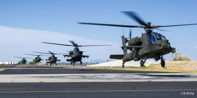 ▲ 美육군의 AH-64E 아파치 가디언 헬기 비행대 훈련 모습. ⓒ美육군 공개사진.
