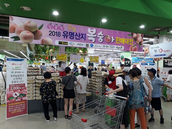 ▲ 음성 햇사레복숭아 판촉행사가 19일 농협유통 서울 양재점에서 있었다.ⓒ음성군