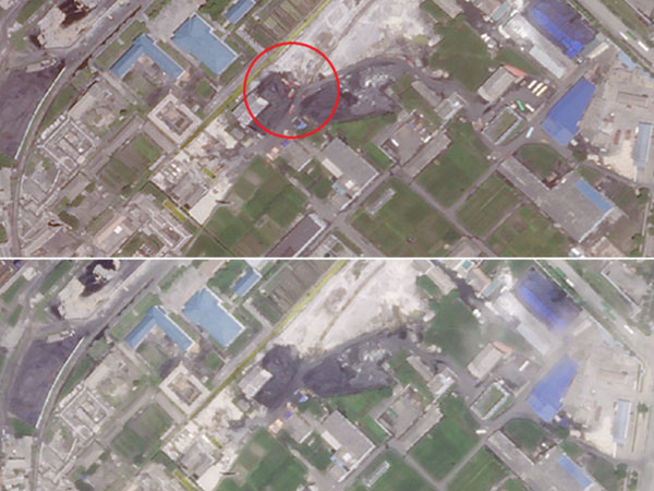 ▲ 지난 16일(위)과 18일(아래) 원산항 인근 석탄 야적장을 찍은 위성사진. ⓒ美VOA-플래닛.