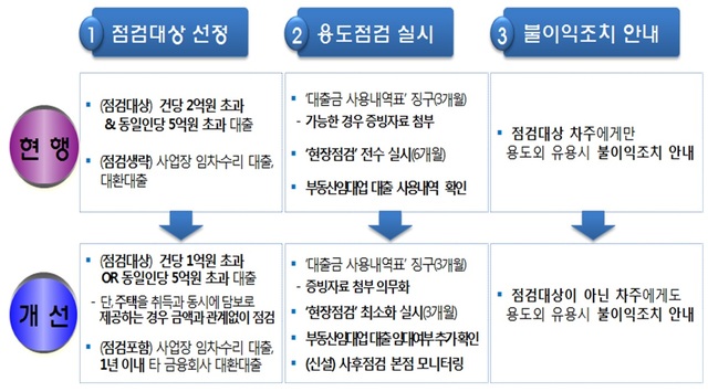 ▲ 개인사업자대출 용도외 유용 사후점검기준 개선사항.ⓒ금융감독원