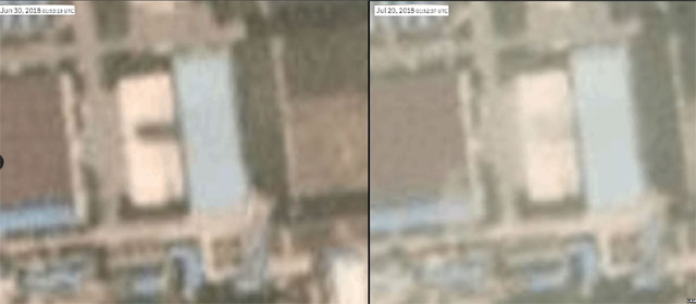 ▲ 美상업용 위성업체 '플래닛 랩'이 지난 6월 30일(왼쪽)과 7월 20일(오른쪽) 평양 인근 평성 지역을 촬영한 사진. ICBM 조립공장이 보이지 않는다. ⓒ美VOA 관련보도화면 캡쳐-플래닛 랩.