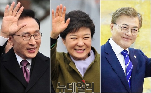 (왼쪽부터) 이명박 전 대통령과 박근혜 전 대통령, 문재인 대통령. ⓒ뉴데일리 DB