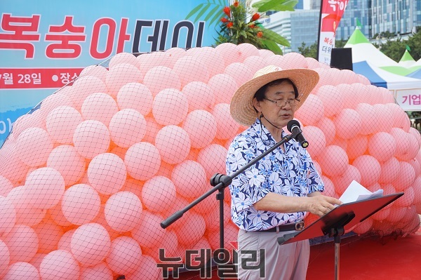 ▲ 김병국 한국복숭아생산자협협의회장이 28일 부산 해수욕장에서 열린 ‘2018복숭아소비촉진홍보‧복숭아데이’에서 인사말을 하고 있다. ⓒ김정원기자